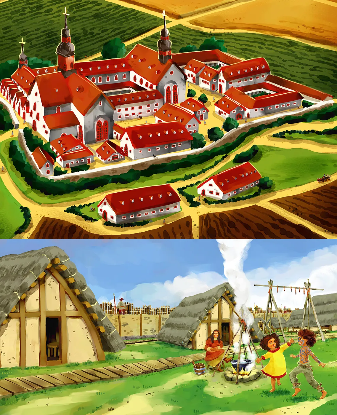 Illustrated monastery complex and early medieval village scene with thatched houses