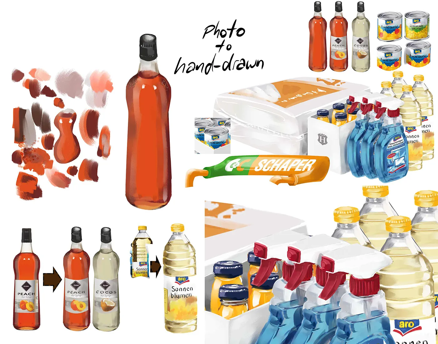 Photo to hand-drawn oil pastel product adaptation